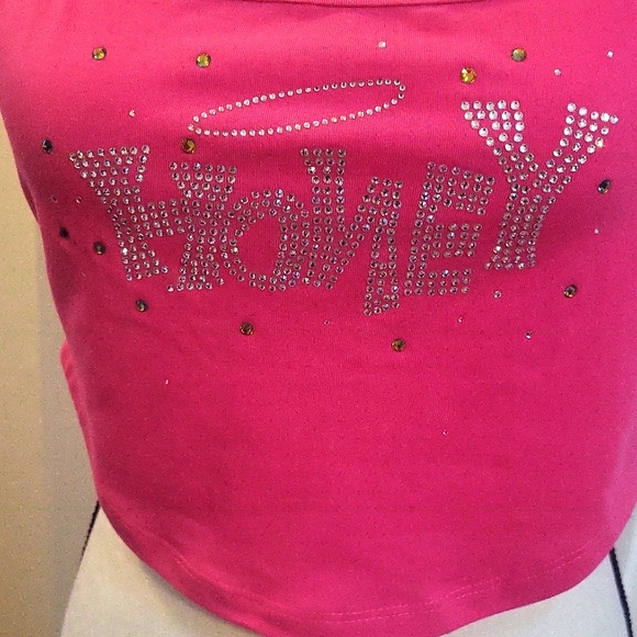 Barbie Pink Crop Tank Top with Rhinestone "HONEY" Embellishment with Halo Size L - Picture 2 of 5